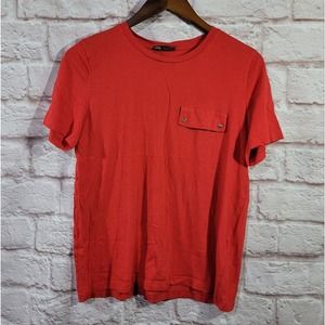 Zara Red Basic Crewneck Chest Pocket Cotton Tee